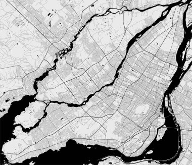 Montreal ve Laval 'in şehir haritası. Vektör illüstrasyonu, Montreal haritası gri tonlu sanat posteri. Yollu sokak haritası, metropol şehir manzaralı.