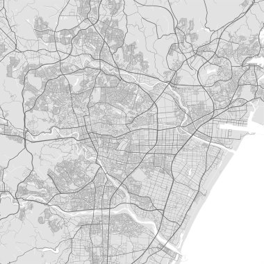 Sendai şehir haritası. Vektör illüstrasyonu, Sendai haritası gri pullu sanat posteri. Yollu sokak haritası, metropol şehir manzaralı.