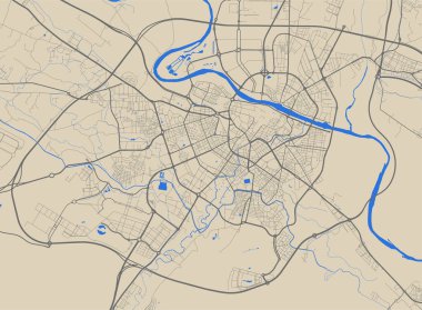 Zaragoza şehrinin idari alanının ayrıntılı harita posteri. Şehir manzarası manzarası. Zaragoza bölgesinin dekoratif grafik turist haritası. Telif hakkı serbest vektör illüstrasyonu.