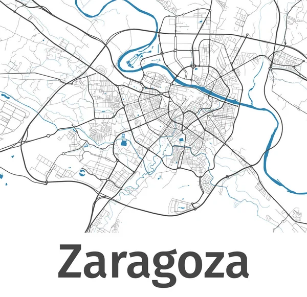 萨拉戈萨地图萨拉戈萨市行政区详细地图 全景全景 免费的矢量说明 有公路 河流的示意图 游客装饰街道图 — 图库矢量图片