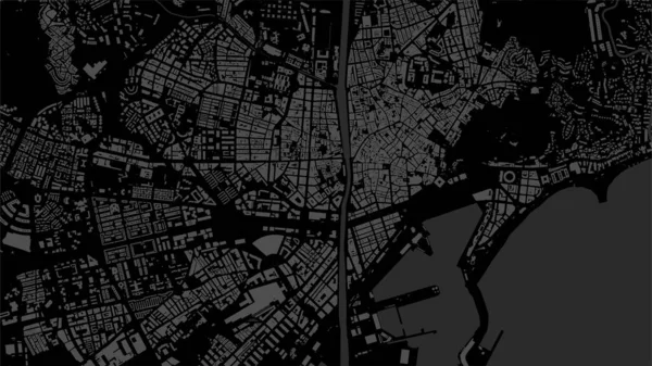 Sötét Fekete Malaga City Terület Vektor Háttér Térkép Utcák Víz — Stock Vector