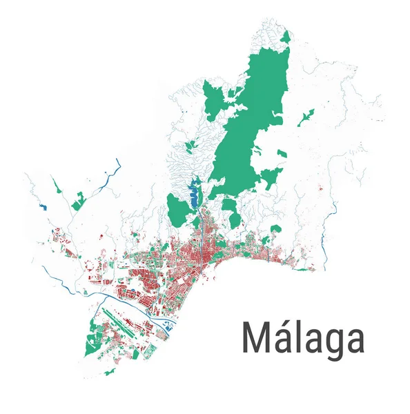 マラガ地図 マラガ市行政区の詳細な地図 街のパノラマ ロイヤリティフリーベクトルイラスト 高速道路 川と概要マップ 観光装飾通り地図 — ストックベクタ