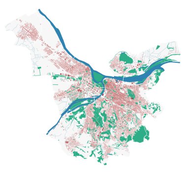 Belgrad haritası. Belgrad şehir idari bölgesinin ayrıntılı haritası. Şehir manzarası manzarası. Kraliyetten bağımsız vektör çizimi. Binalar, su ve ormanlarla dolu bir harita. Turist dekoratif sokak haritası.