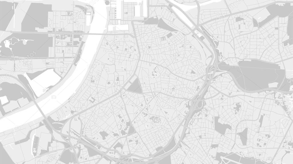 White and light grey Antwerp City area vector background map, streets and water cartography illustration. Widescreen proportion, digital flat design streetmap.