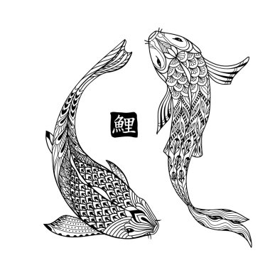 Hand drawn koi fish. Japanese carp line drawing for coloring book clipart