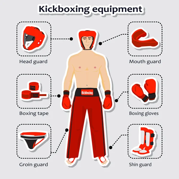 Équipement de sport pour kickboxing arts martiaux avec sportif — Image vectorielle