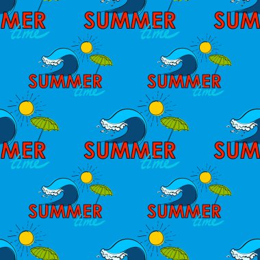 Seamless modeli. Yaz doodle kartpostal. Dalga çizilmiş, umprella ve güneş.