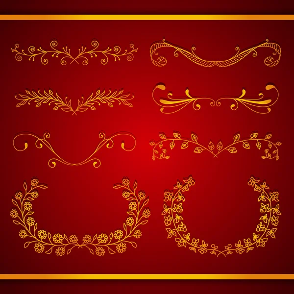 Conjunto de elegantes bordes caligráficos foliados dorados — Vector de stock