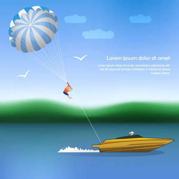 Summer parachuting over river with boat. — Stock Vector