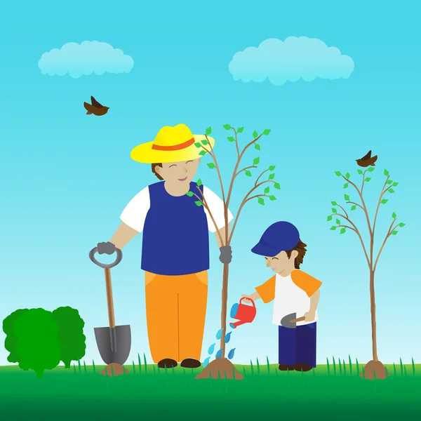 Plantación de árbol con familia en el jardín — Vector de stock