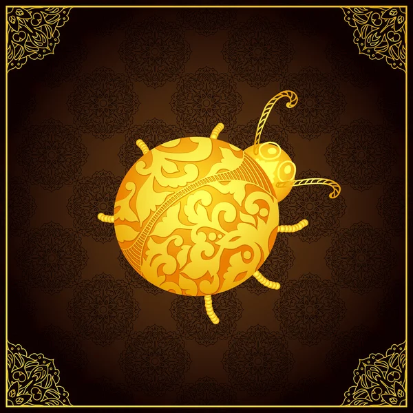 Icône coccinelle en or avec ornement élégant en dentelle — Image vectorielle