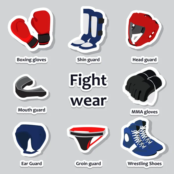 Conjunto de equipamiento deportivo para artes marciales — Vector de stock