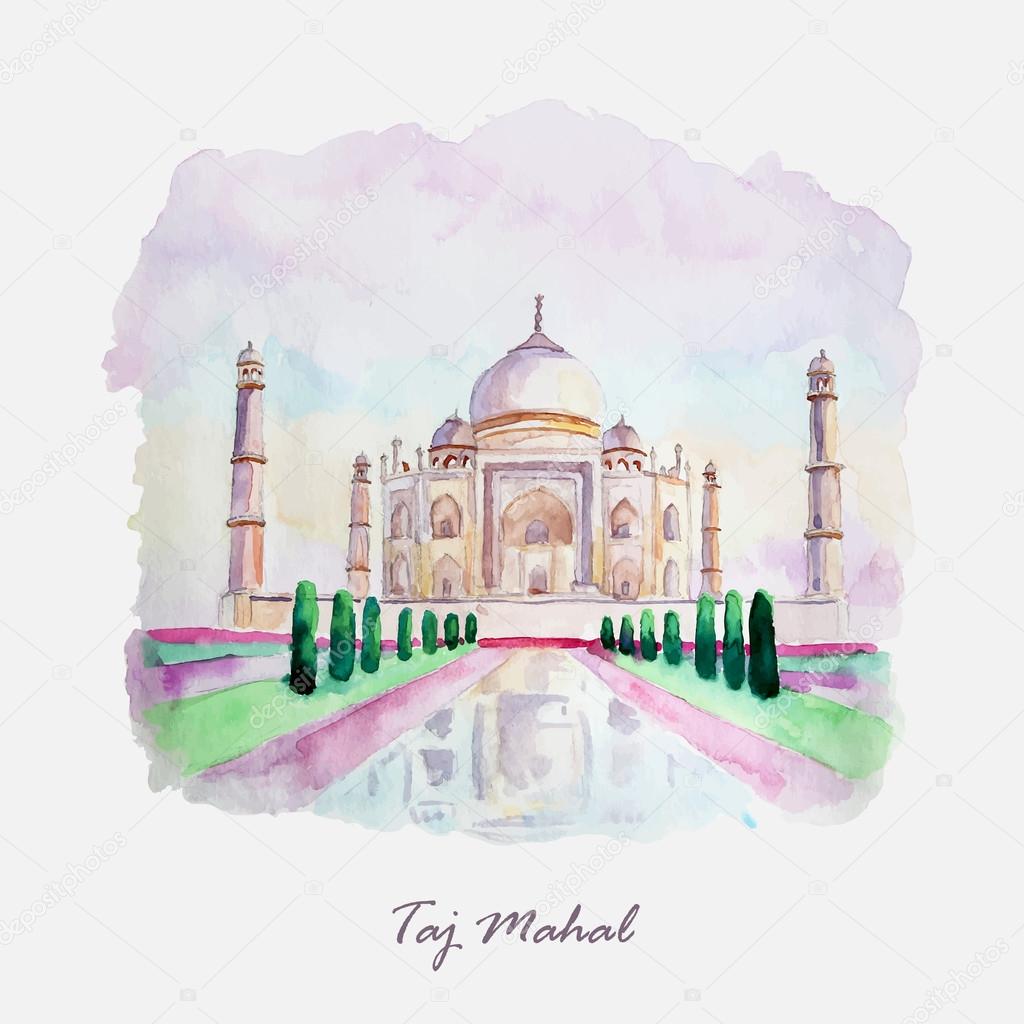 Watercolor Taj Mahal picture. India culture.