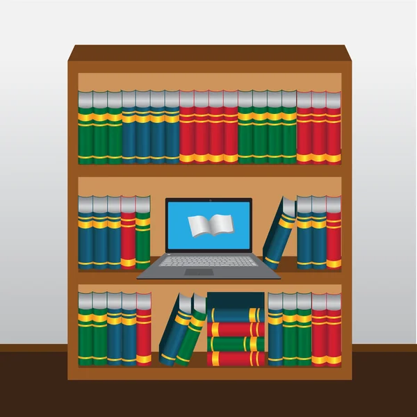 Book shelf with laptop online library — Stock Vector