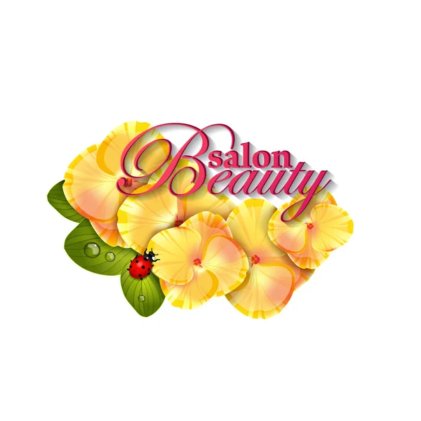 Beauty salon identity naturalistic hydrangea flower with leaves, and ladybug — Stock Vector