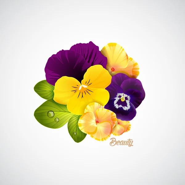 Identité salon de beauté hortensia naturaliste et fleur de pansy avec feuilles, et coccinelle — Image vectorielle