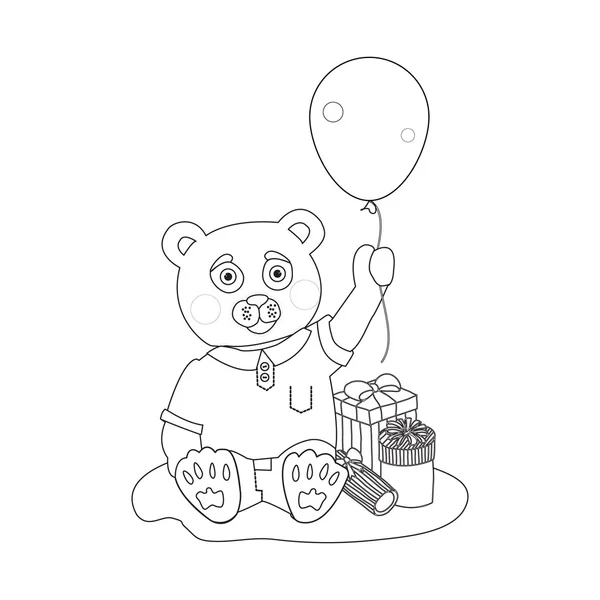 Oso de juguete con cajas de regalo y globo. Página para colorear — Archivo Imágenes Vectoriales