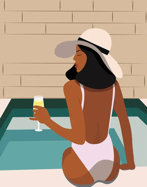シャンパンのガラスの帽子の女の子はプールのそばに座っています — ストックベクタ