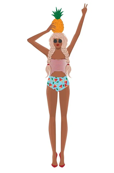 休暇中の明るい水着で美しい背の高い女の子モデルのデジタルイラストは 彼女の頭の上にパイナップルを保持写真を作ります — ストックベクタ