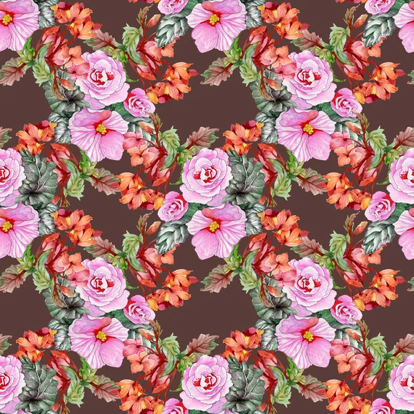 Rosas florecientes y flores de hibisco — Foto de Stock