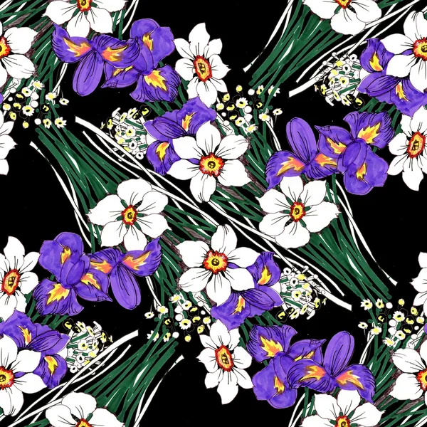 Boeketten van iris, narcissus en daisy bloemen — Stockfoto
