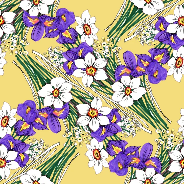 bouquets of iris, narcissus and daisy flowers