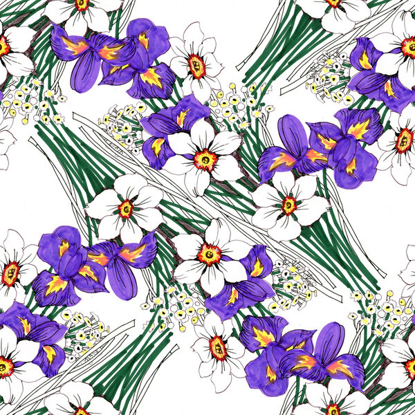 bouquets of iris, narcissus and daisy flowers