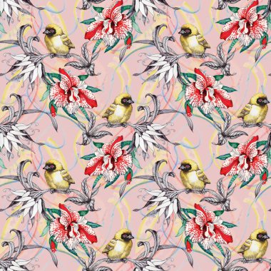 Kuşlar çiçekler ile Seamless Modeli