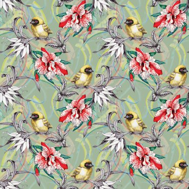 Kuşlar çiçekler ile Seamless Modeli