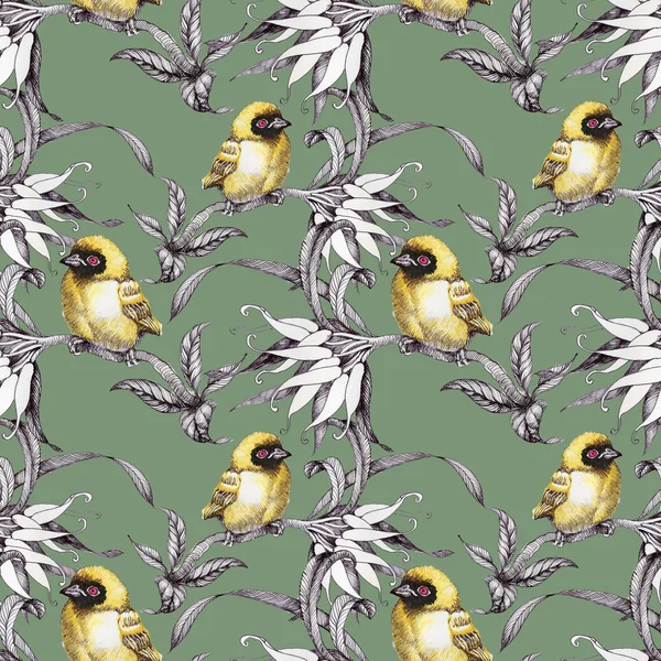 Seamless pattern with birds on twigs — Stock Photo, Image
