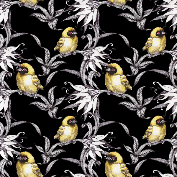 Seamless pattern with birds on twigs