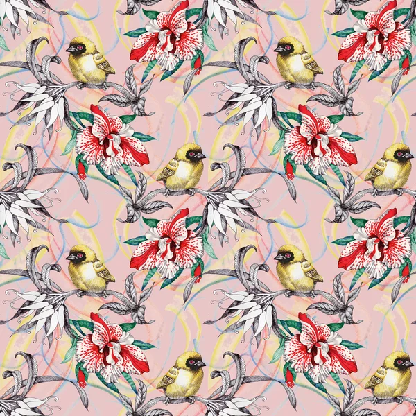 Seamless pattern with birds on flowers — Stock Photo, Image