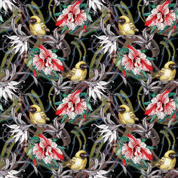Seamless pattern with birds on flowers — Stock Photo, Image