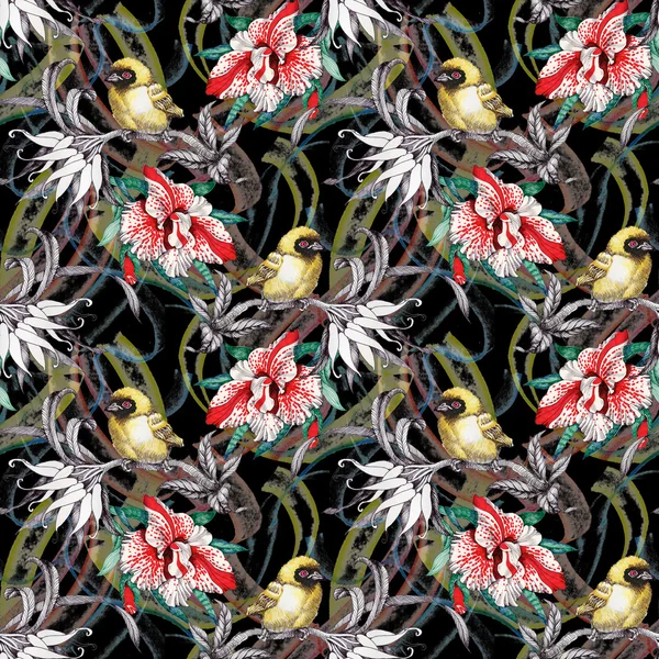 Seamless pattern with birds on flowers