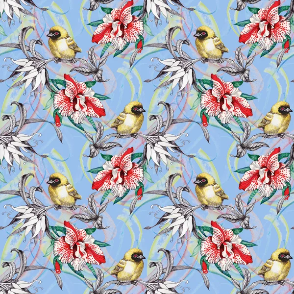 Seamless pattern with birds on flowers — Stock Photo, Image