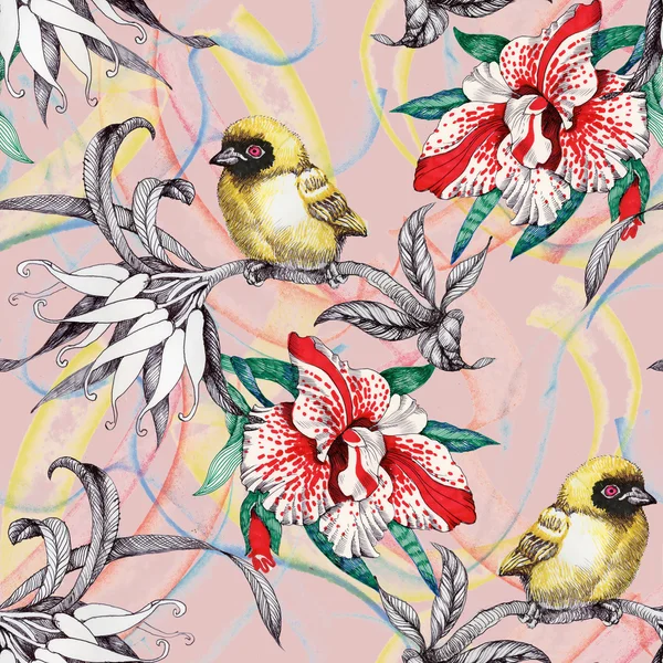 Бесшовный рисунок с птицами на цветах — стоковое фото