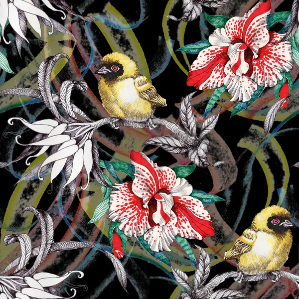 Wzór z ptaków na kwiaty — Zdjęcie stockowe