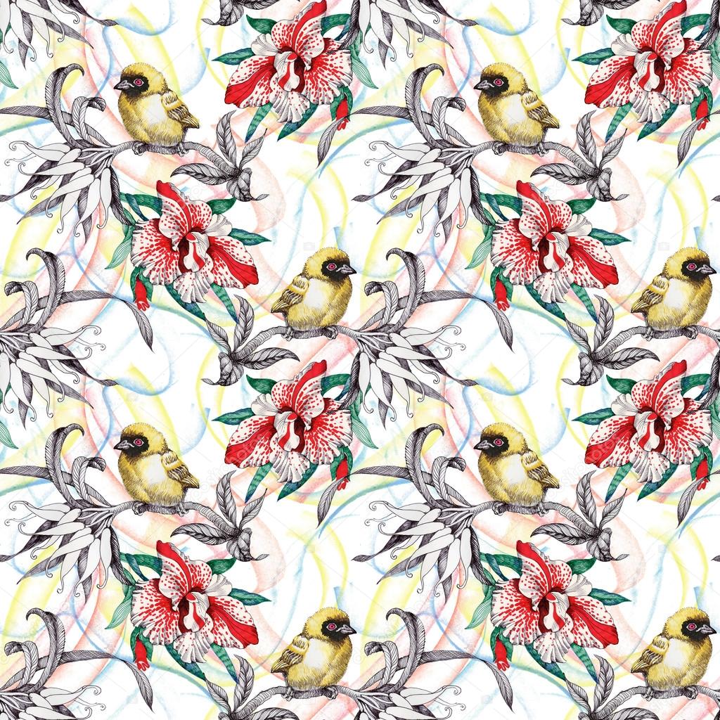 Seamless pattern with birds on flowers