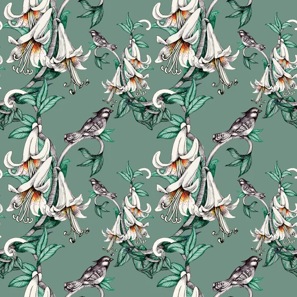 Seamless pattern with birds on flowers