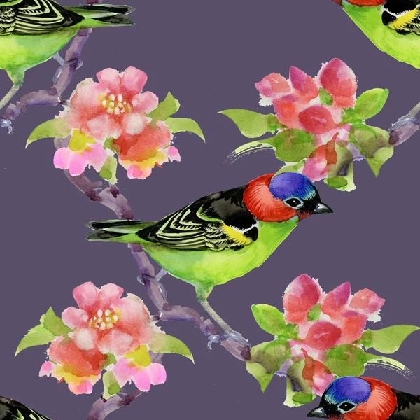 Bird on blooming tree branch — Stock Photo, Image