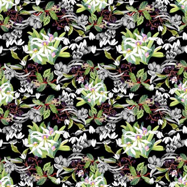 kardelen ve çiçek açan orkide desen