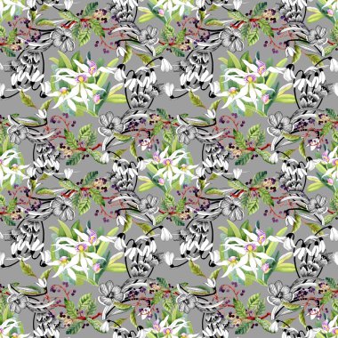 kardelen ve çiçek açan orkide desen