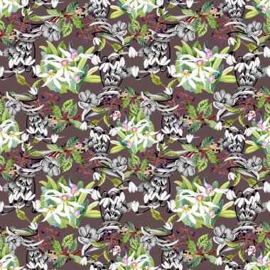 kardelen ve çiçek açan orkide desen