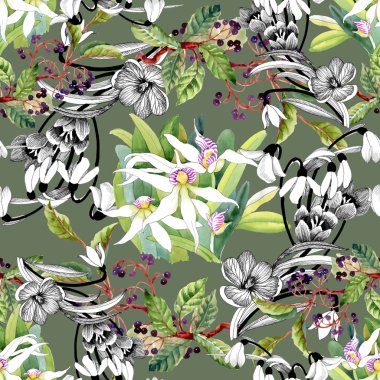 kardelen ve çiçek açan orkide desen