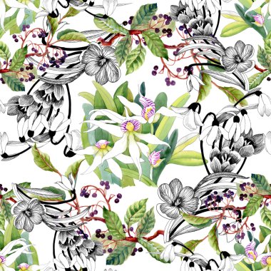 kardelen ve çiçek açan orkide desen