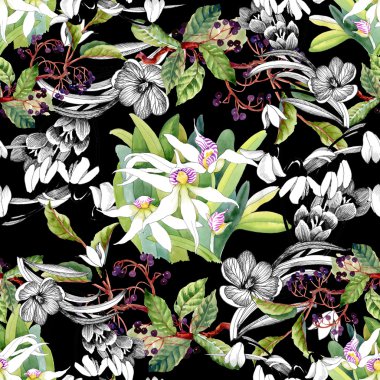 kardelen ve çiçek açan orkide desen