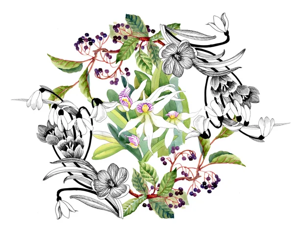 Snowdrops and blooming orchids pattern — Stock Photo, Image