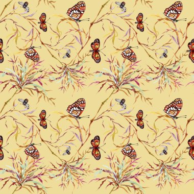 çiçek açan otlar ve kelebekler 