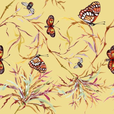 çiçek açan otlar ve kelebekler 