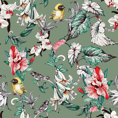  çiçekler ve kuşlar ile desen 